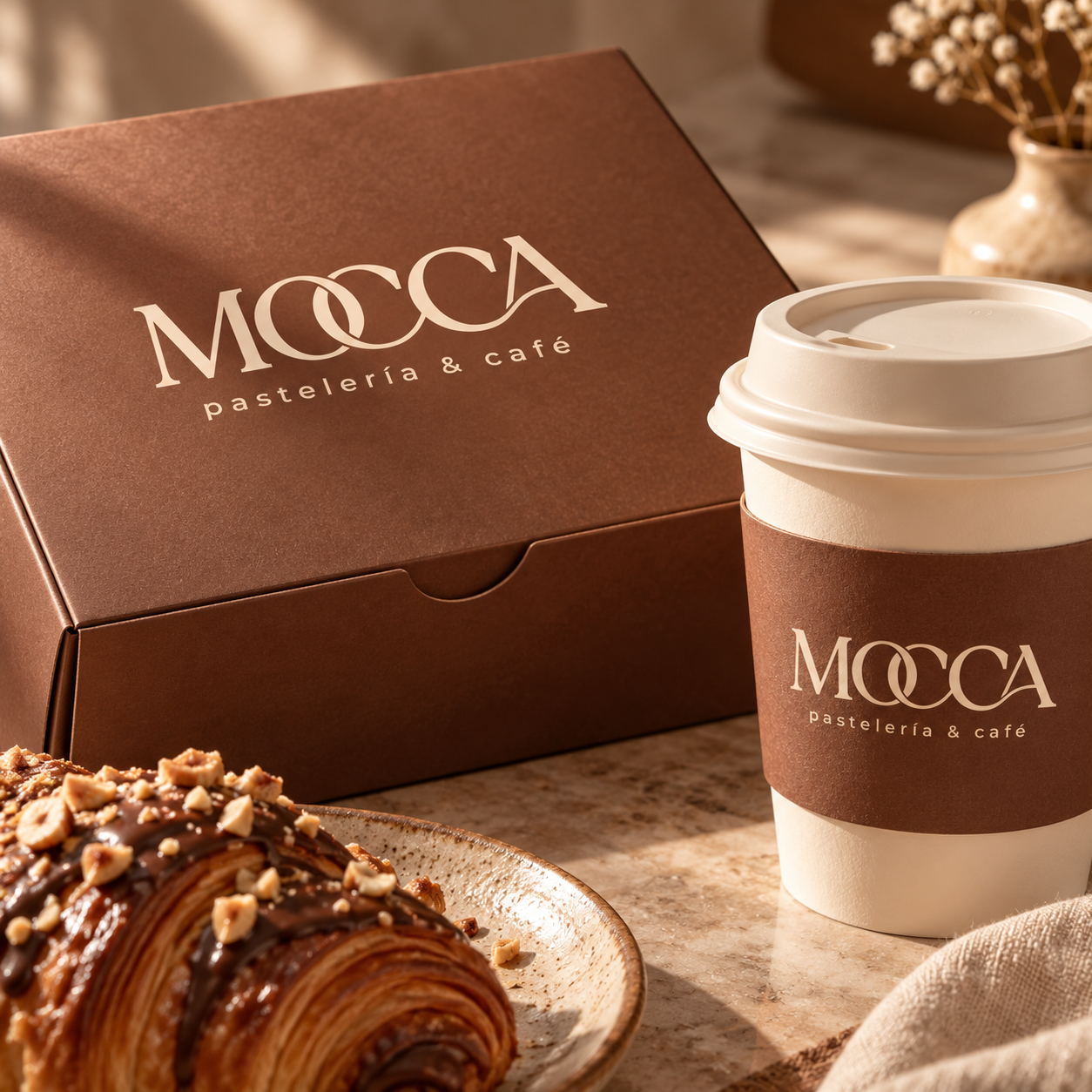 Mockup de aplicación del logo de Mocca Pastelería & Café diseñado por Yapo Creativo