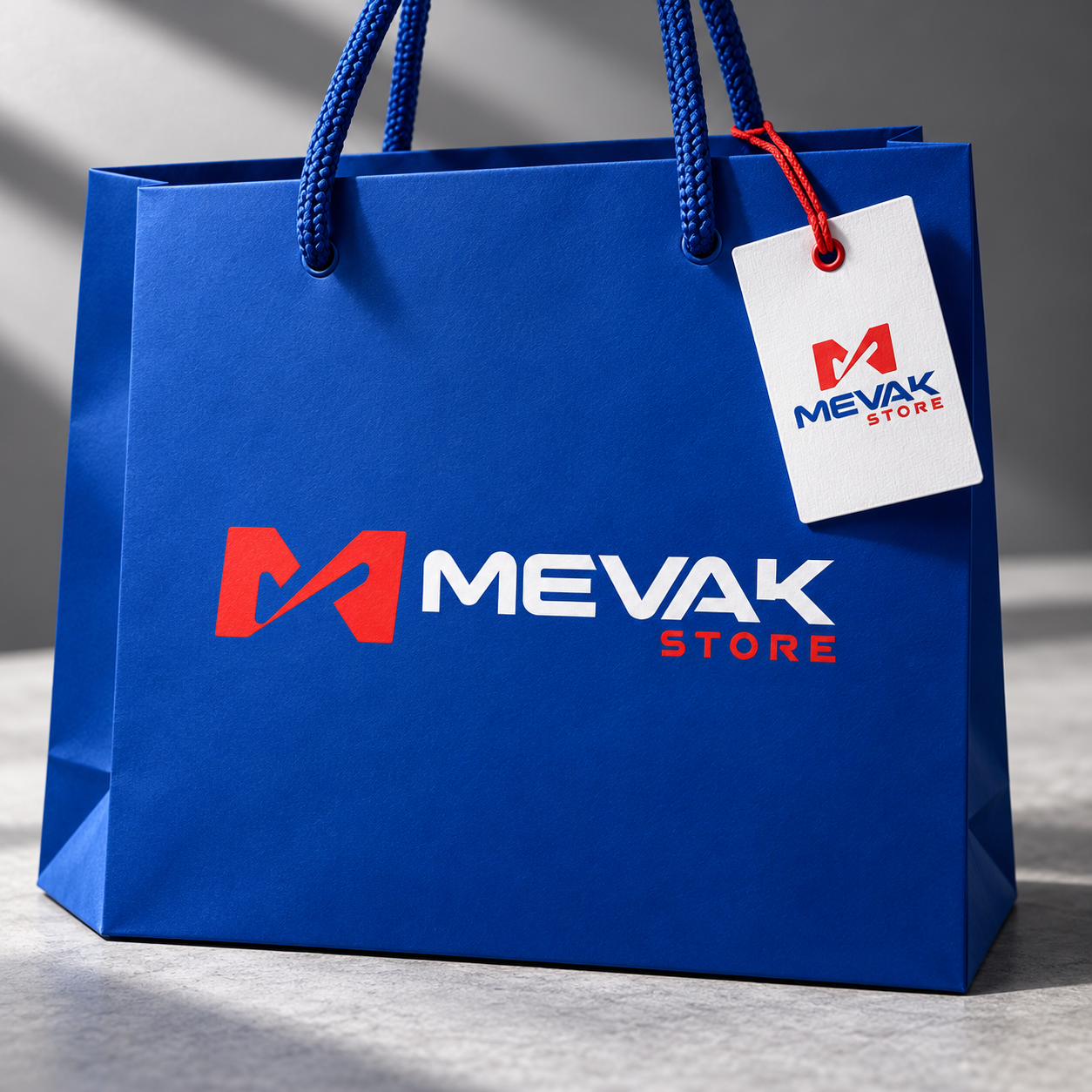 Mockup de aplicación del logo de Mevak Store diseñado por Yapo Creativo