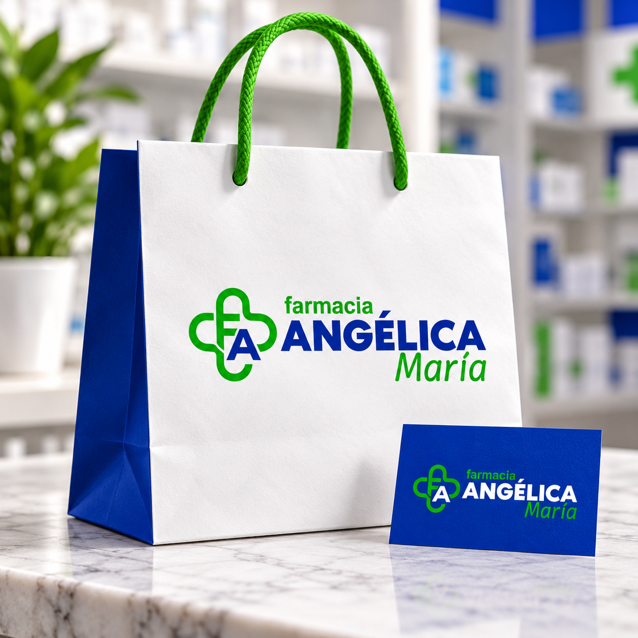 Mockup de aplicación del logo de Farmacia Angélica María diseñado por Yapo Creativo